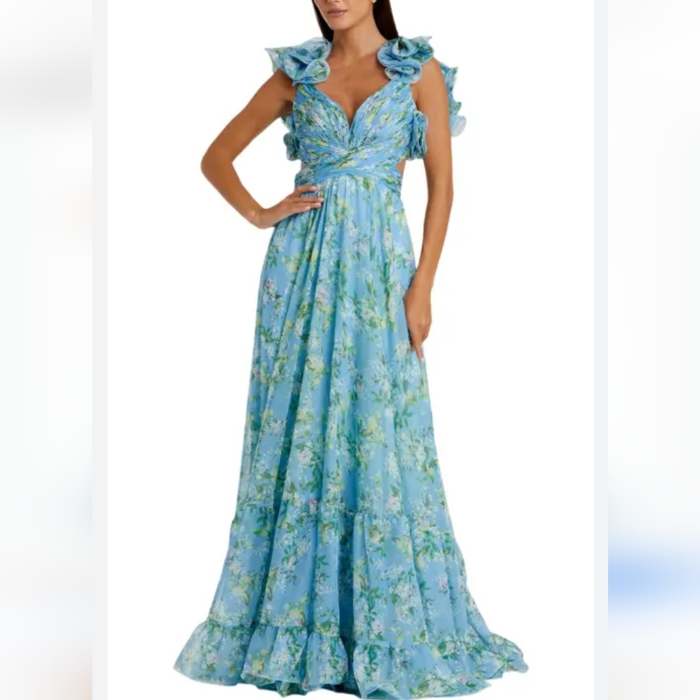 Mac Duggal Blue Floral Ruffle Shoulder Evening Gown Size 16